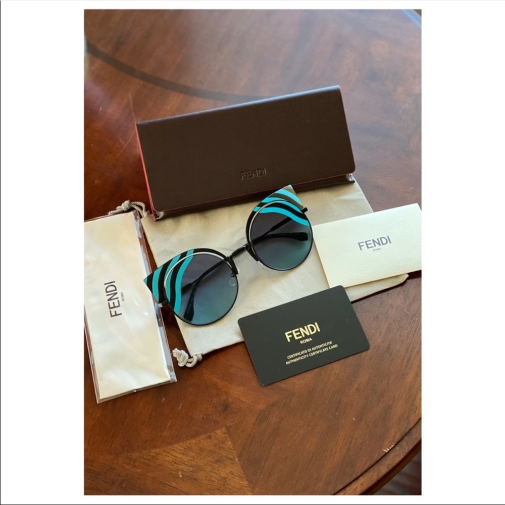 Fendi Blue Black Round Cat-Eye Sunglasses with Turquoise Stripes